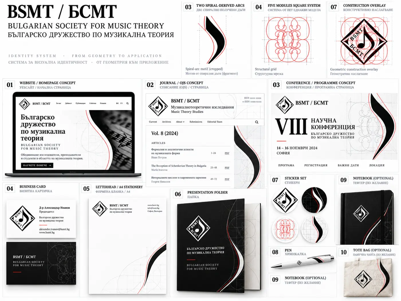 BSMT identity-system board showing website, OJS journal, conference and printed applications.